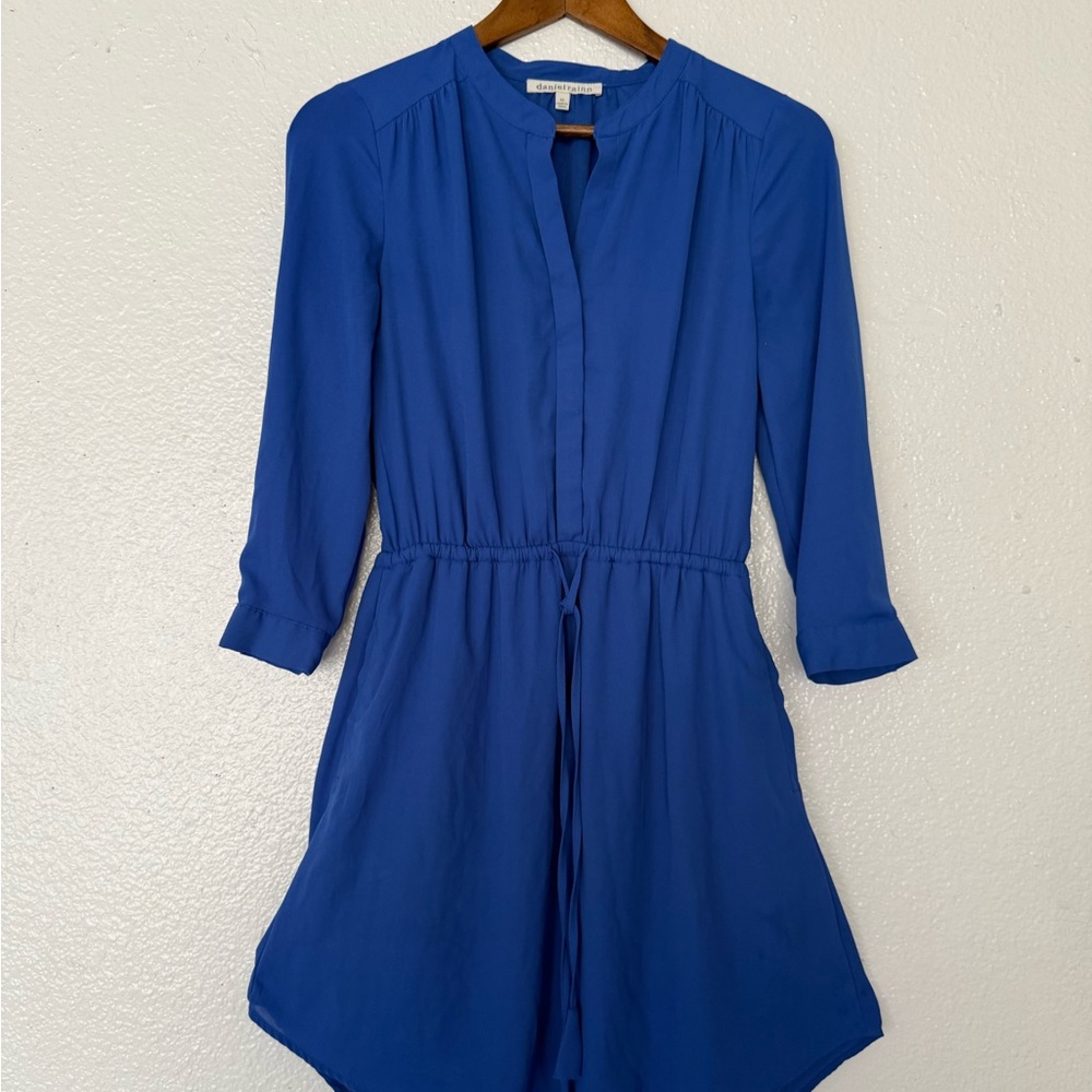 Daniel Rainn Dress Sz XSBlue Chiffon 3/4 Sleeve Elastic Drawstring Popover Mini